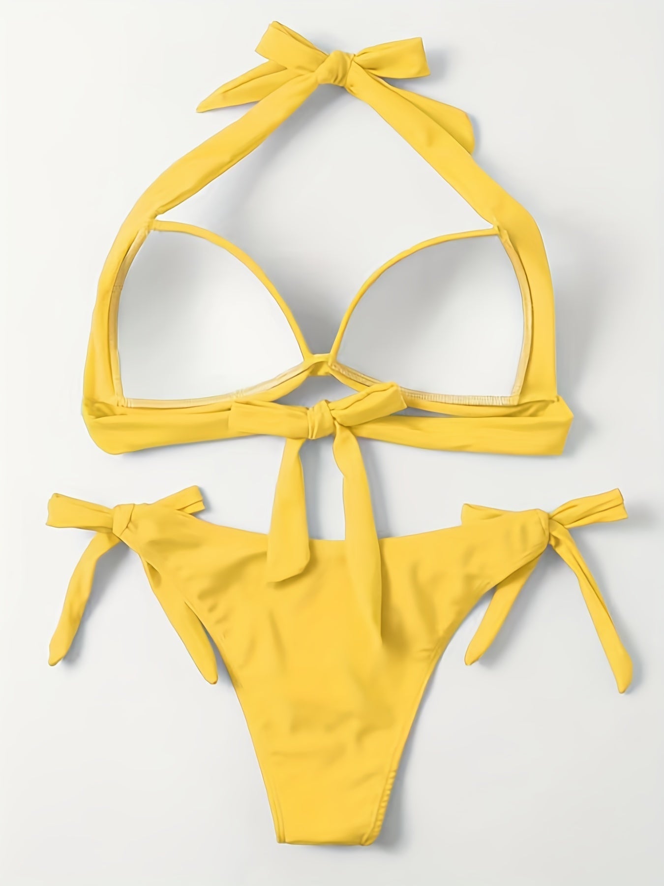 Bikini Solid Color Ruched Tie Side V Neck 2 Piece Swimsuit for Women – High Waist Push Up Bikini Set with Lace Up Bowknot Detail – Stretchy Halter Swimwear for Koningsdag Summer Beach Parties and Casual Resort Wear