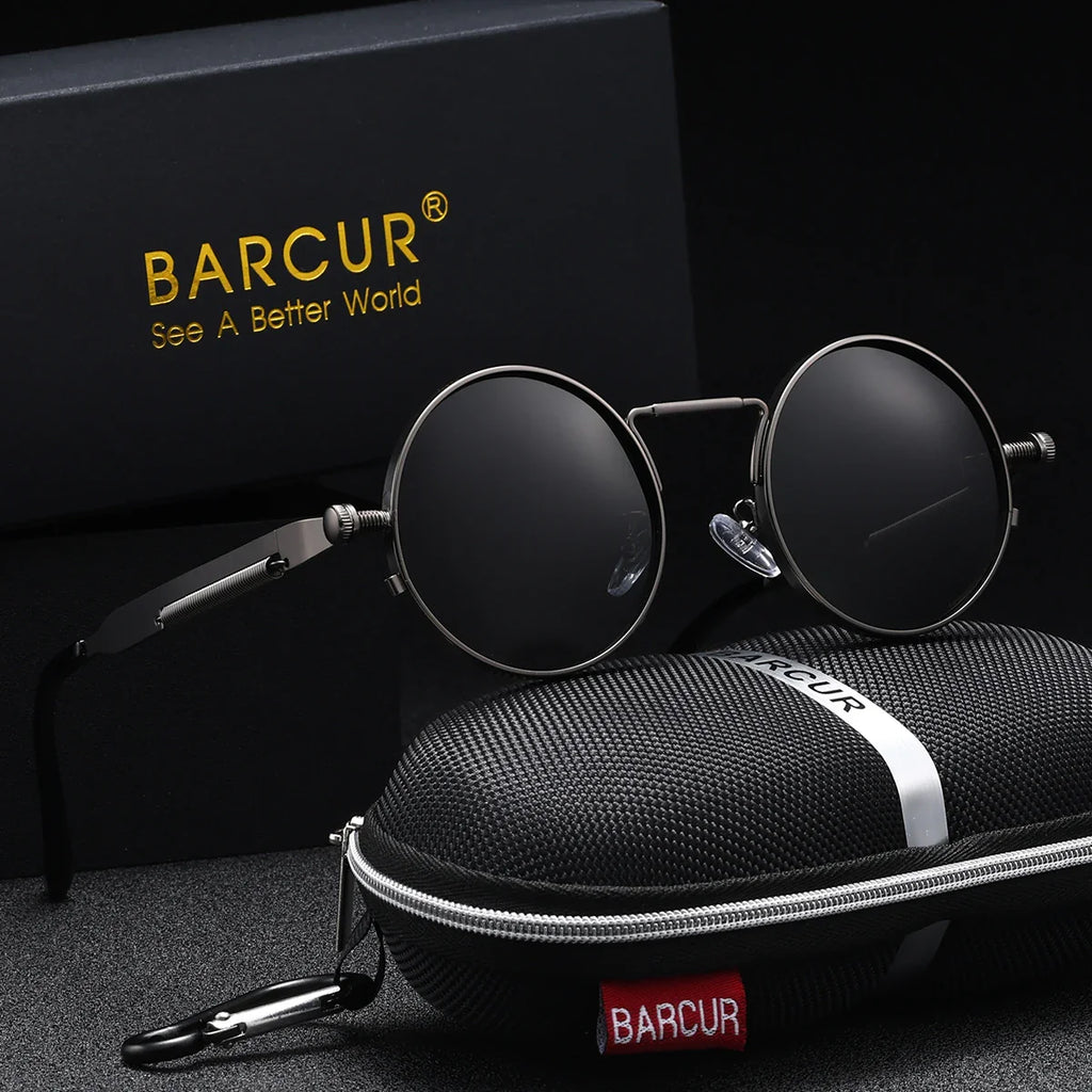 BARCUR Polarized Round Steampunk Sunglasses for Men – Retro Fashion Stainless Steel Frame with UV400 Protection and Spring Hinges – Luxury Vintage Style Circular Sun Glasses for Women & Men Perfect for Outdoor Travel and Summer Events